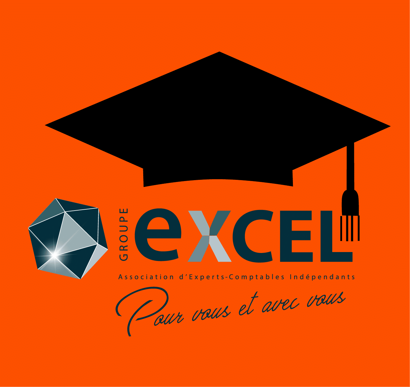 pictogramme d'un chapeau de diplome et logo du groupe EXCEL